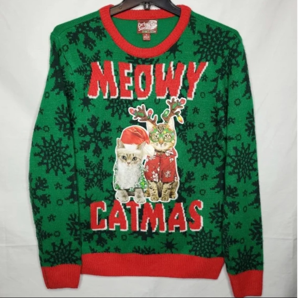 PARTY SWEATER "MEOWY CATMAS" KITTY CAT UGLY CHRISTMAS HOLIDAY SWEATER NWOT MED